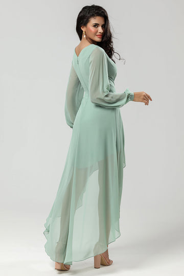 A Line V Neck Chiffon Matcha Bridesmaid Dress with Long Sleeves